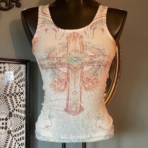 Sinful Cream and Pink Cross Graphic Tank Top